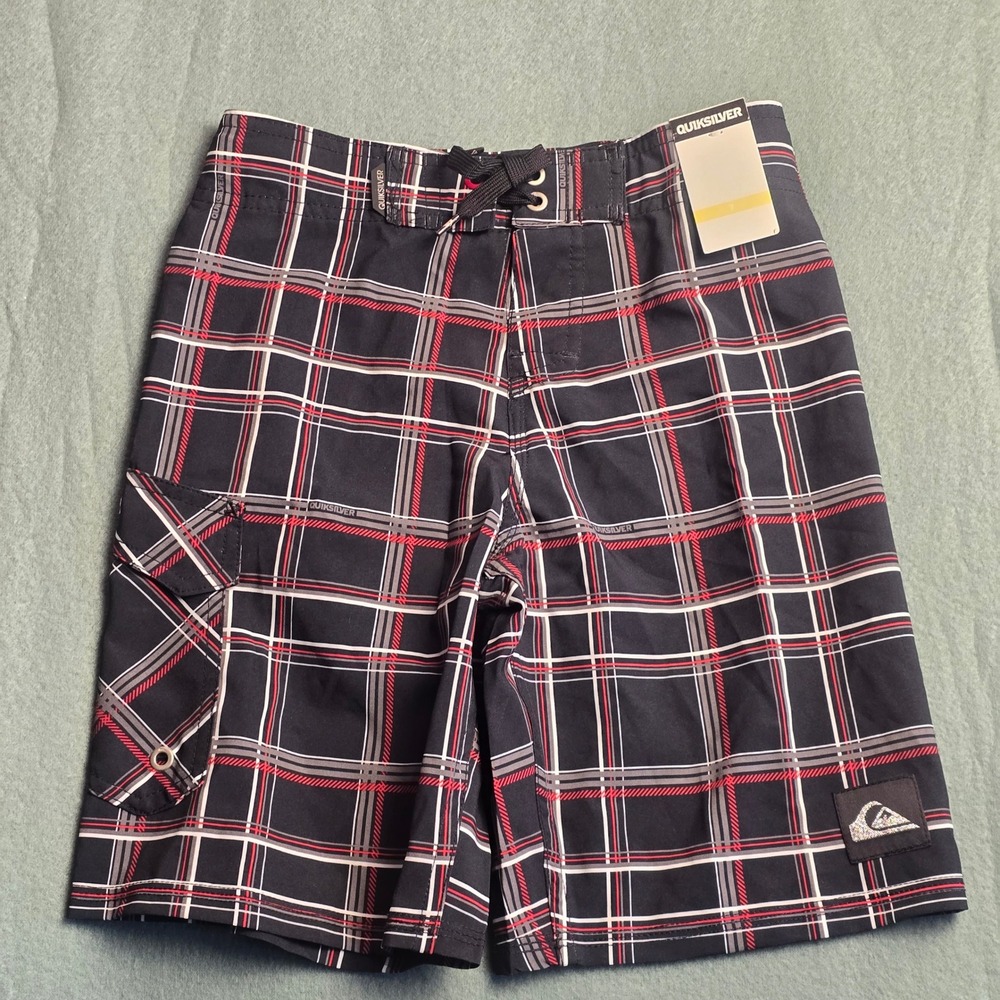 Quiksilver Boys Plaid Board Shorts Black Red Swim Trunks Size 7 2540565063-01-PC